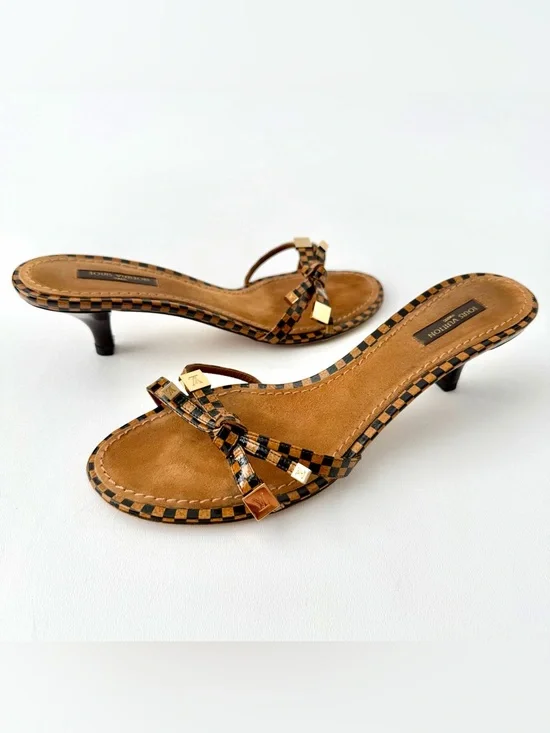 LOUIS VUITTON | Damier Check Kitten Heel Mule Sandals Gold LV Charm EU 38.5 Y2K - Picture 3 of 15